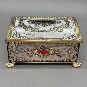 Vintage Klann Tin Bank Box West Germany Ornate Embossed Gold Trim Faux Marble